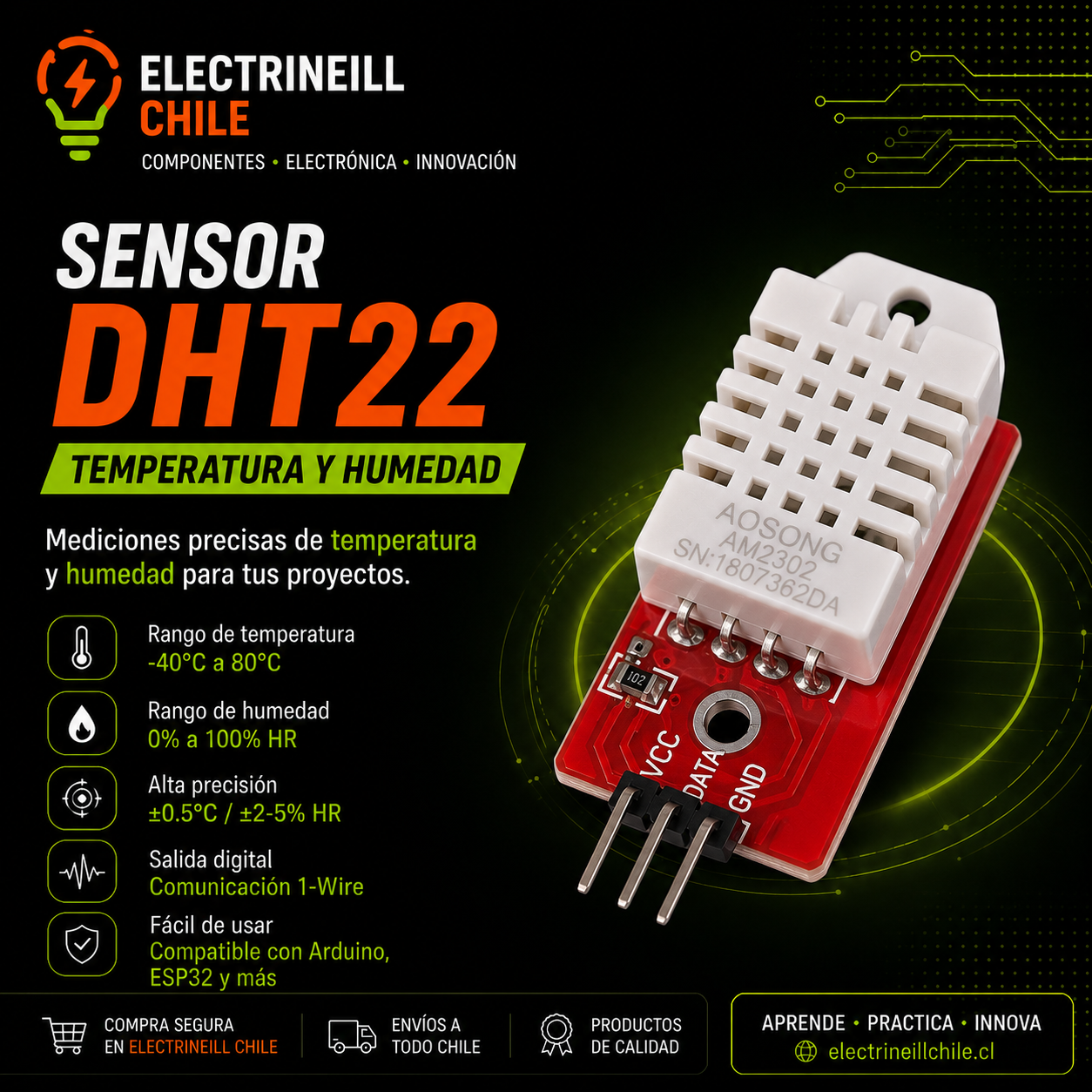 Sensor de Temperatura y Humedad DHT22 AM2302 para Arduino, ESP32 y Raspberry Pi