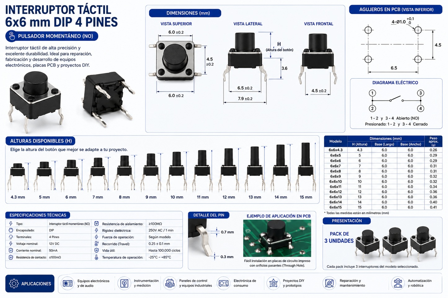 Interruptor Táctil 6×6 mm DIP 4 Pines | Múltiples Alturas Disponibles