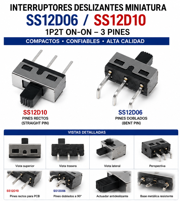 Interruptor Deslizante Miniatura SS12D06 / SS12D10 1P2T ON-ON 3 Pines