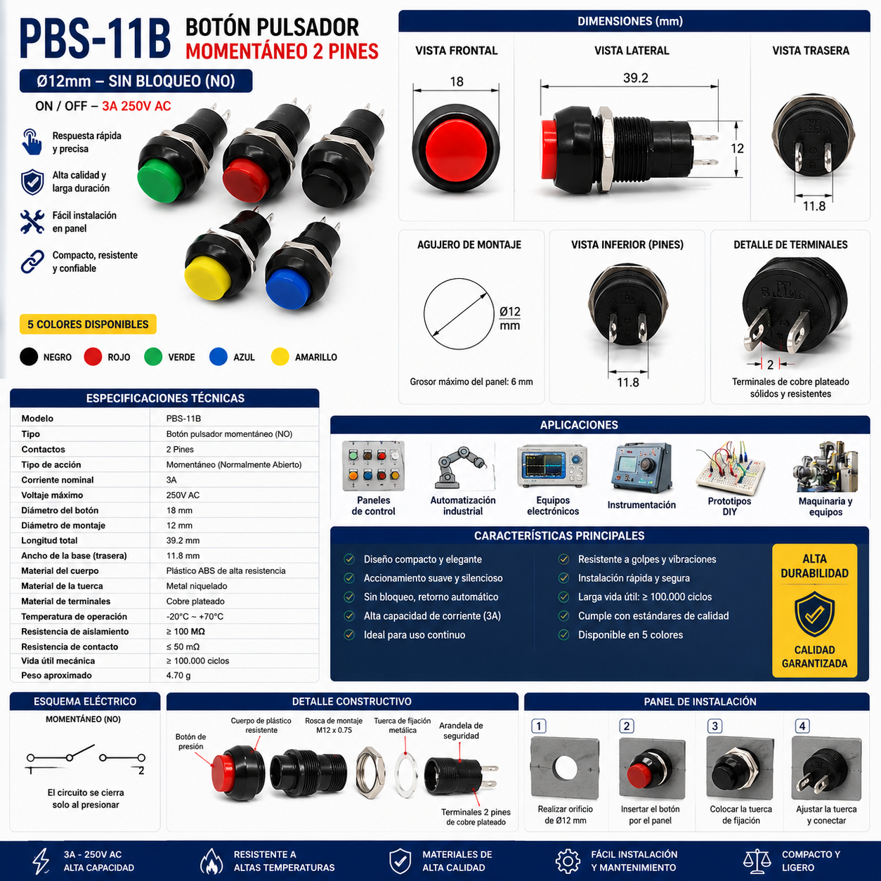 Botón Pulsador PBS-11B Ø12 mm Momentáneo 2 Pines
