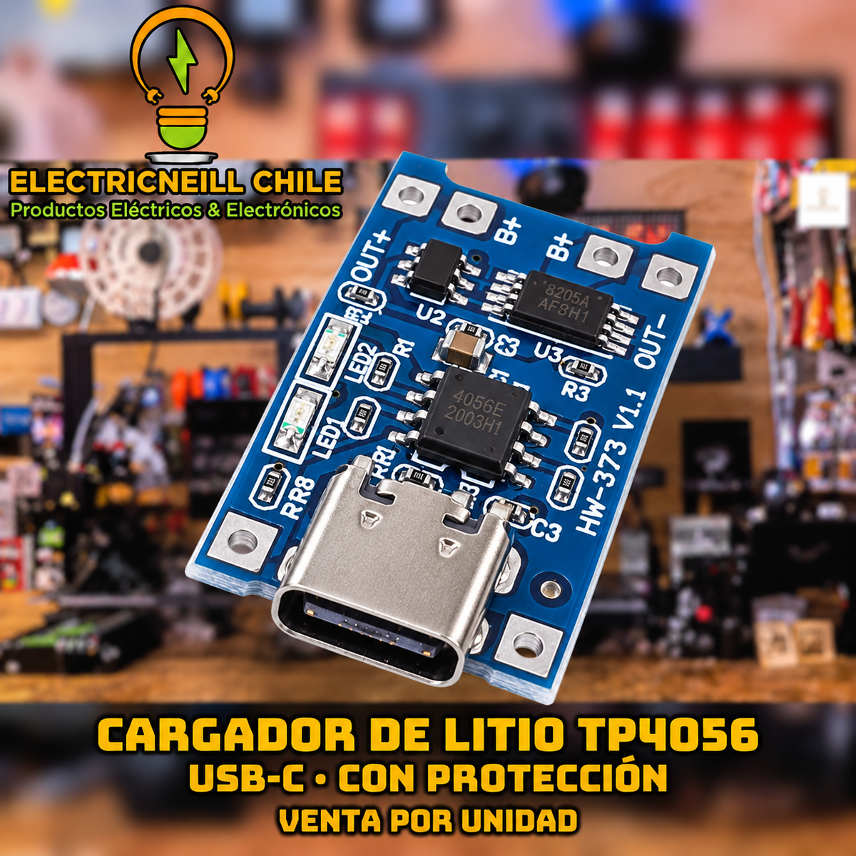 Módulo Cargador TP4056 para Batería de Litio 18650 con Protección, Entrada 5 V, Carga hasta 1 A — USB-C, Micro USB o Mini USB