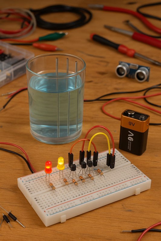 Circuito indicador de nivel de agua con LEDs y transistores
