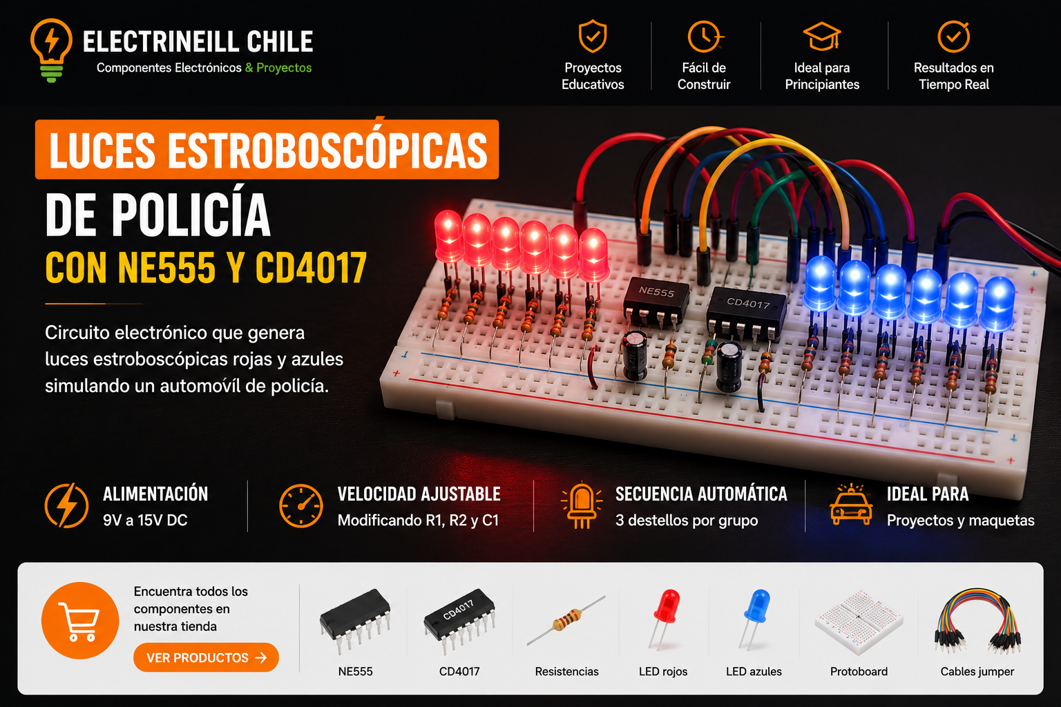 Luces estroboscópicas con NE555 y CD4017