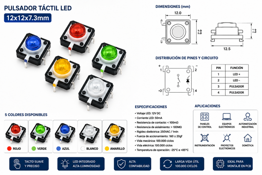 Pulsador Táctil LED 12×12×7,3 mm – 5 Colores