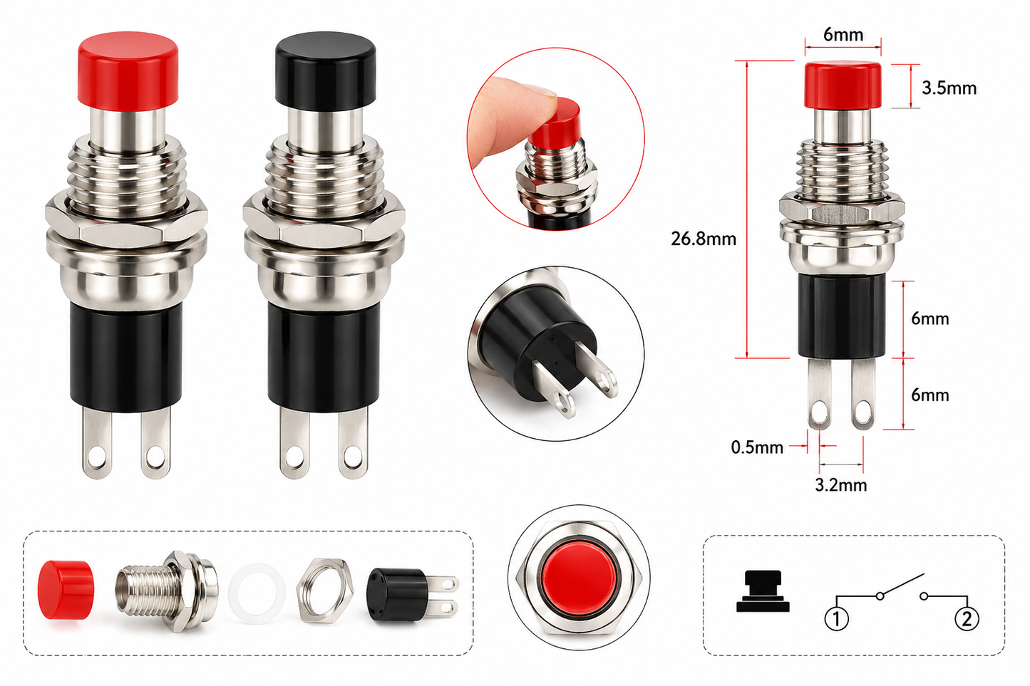 Pulsador Mini Metálico Momentáneo 6 mm SPST 2 Pines