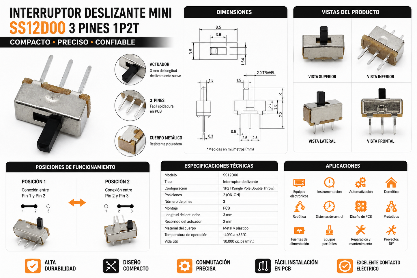 Interruptor Deslizante Mini SS12D00 3 Pines 1P2T ON-ON para PCB y Electrónica