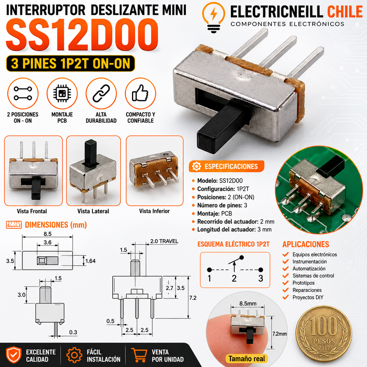 Interruptor Deslizante Mini SS12D00 3 Pines 1P2T ON-ON para PCB y Electrónica