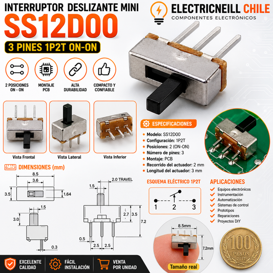 Interruptor Deslizante Mini SS12D00 3 Pines 1P2T ON-ON para PCB y Electrónica