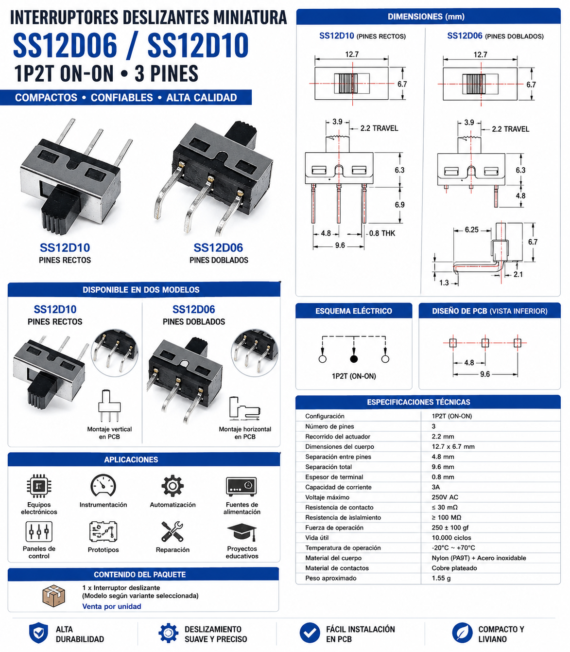 Interruptor Deslizante Miniatura SS12D06 / SS12D10 1P2T ON-ON 3 Pines