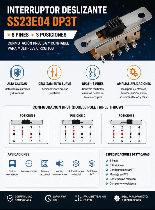 Interruptor Deslizante SS23E04 DP3T 8 Pines 3 Posiciones