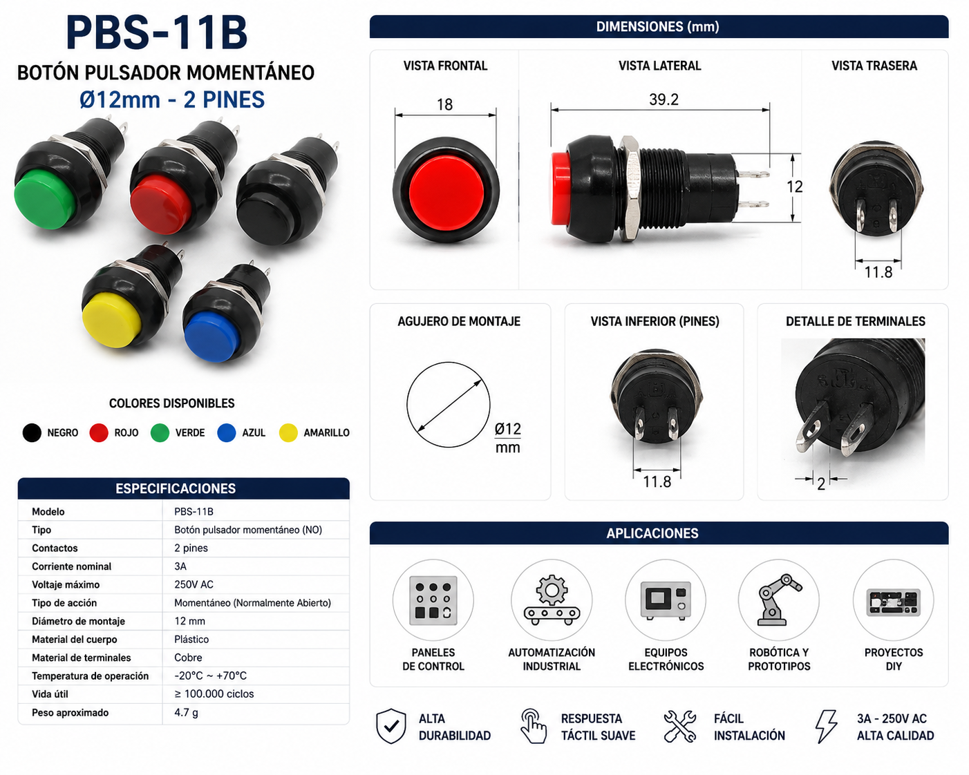 Botón Pulsador PBS-11B Ø12 mm Momentáneo 2 Pines