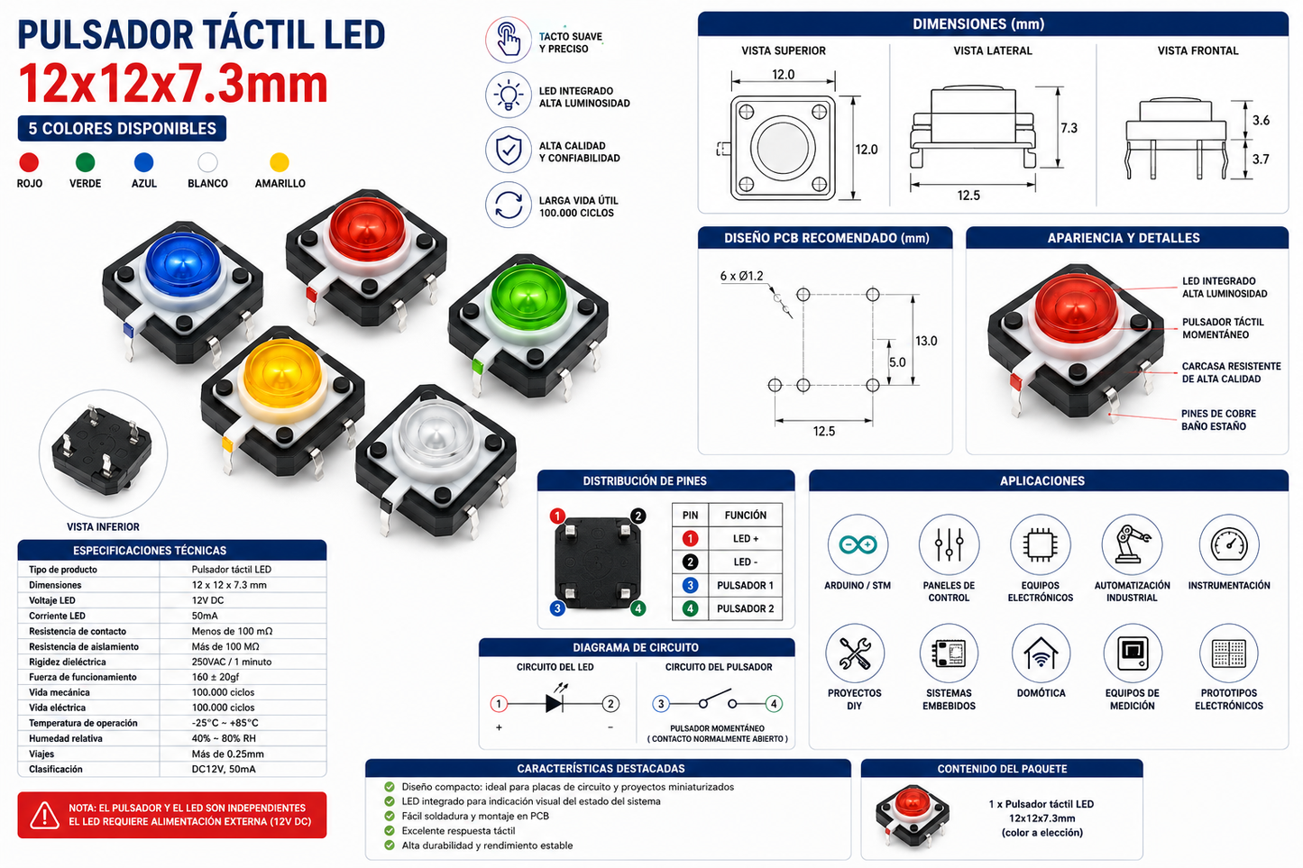 Pulsador Táctil LED 12×12×7,3 mm – 5 Colores