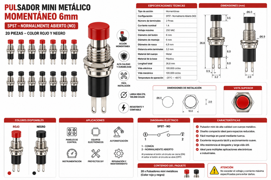 Pulsador Mini Metálico Momentáneo 6 mm SPST 2 Pines