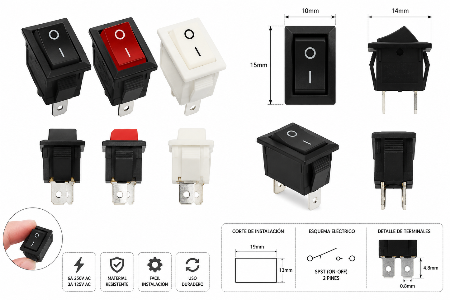 Mini Interruptor Basculante SPST ON/OFF 2 Pines 6A 250V | Negro, Rojo y Blanco