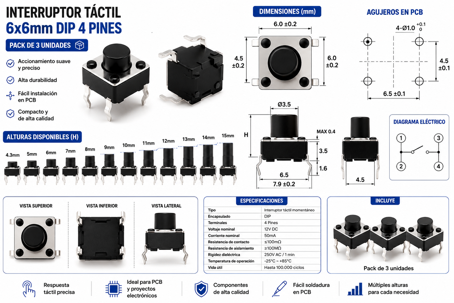 Interruptor Táctil 6×6 mm DIP 4 Pines | Múltiples Alturas Disponibles