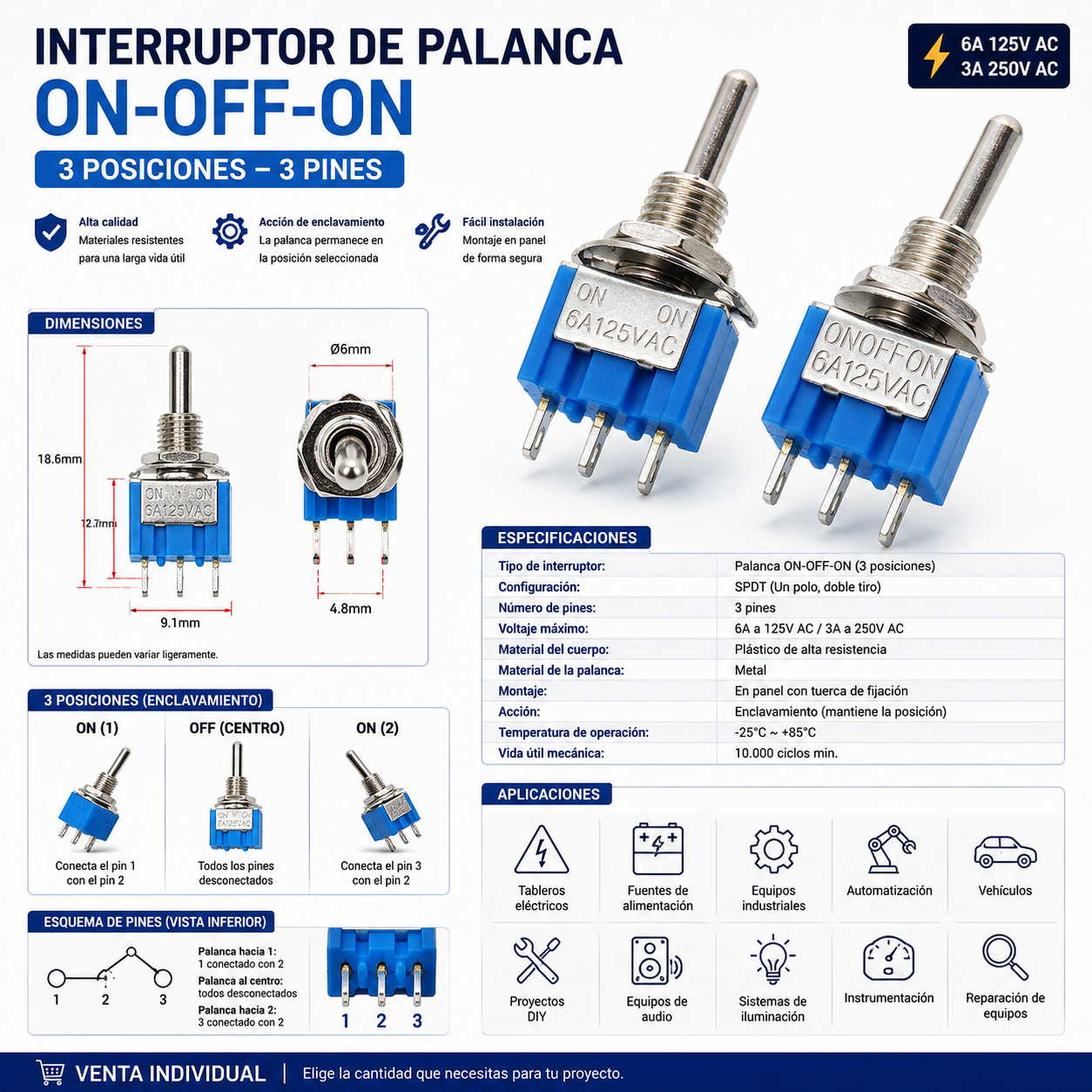 Interruptor de Palanca ON-OFF-ON 3 Posiciones | 3 Pines |