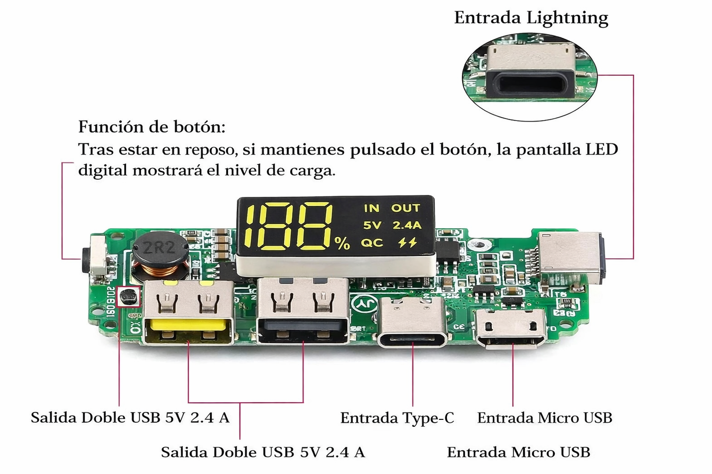 Módulo Power Bank 5V 2.4A para Batería 18650 con Cargador y Elevador DC-DC (Con y Sin Display)