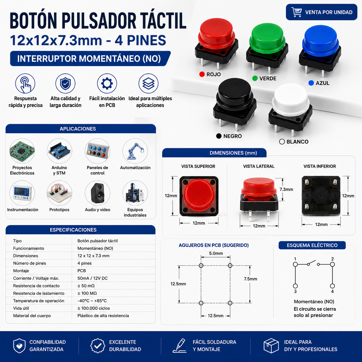 Botón Pulsador Táctil 12×12×7.3 mm | Interruptor Momentáneo 4 Pines
