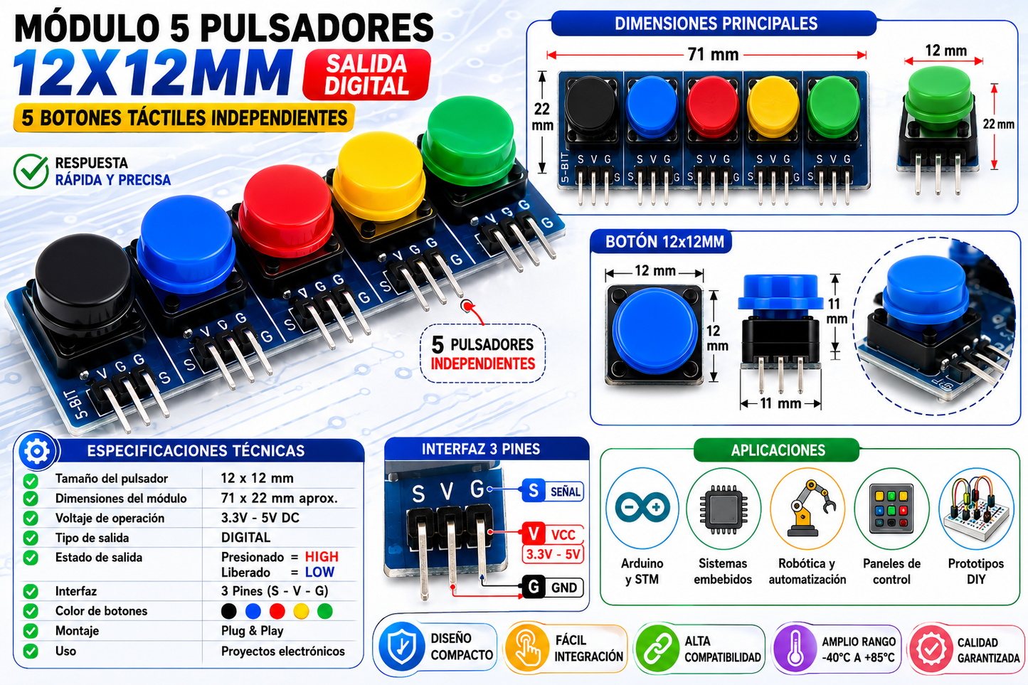 Módulo Pulsador 12x12 mm | 5 Botones Táctiles | Salida Digital