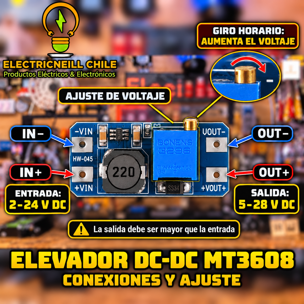 Módulo Elevador DC-DC MT3608 Ajustable 2 A, Entrada 2–24 V y Salida 5–28 V