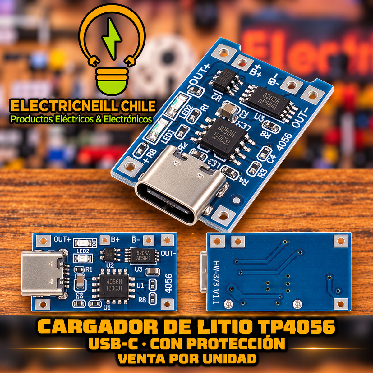 Módulo Cargador TP4056 para Batería de Litio 18650 con Protección, Entrada 5 V, Carga hasta 1 A — USB-C, Micro USB o Mini USB