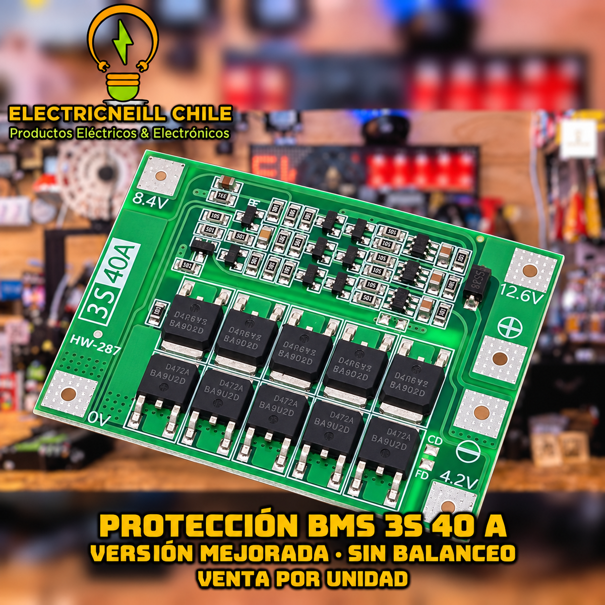 Placa de Protección BMS 3S 40 A Mejorada para Baterías de Litio 18650, 11,1 V Nominal / 12,6 V Carga Completa