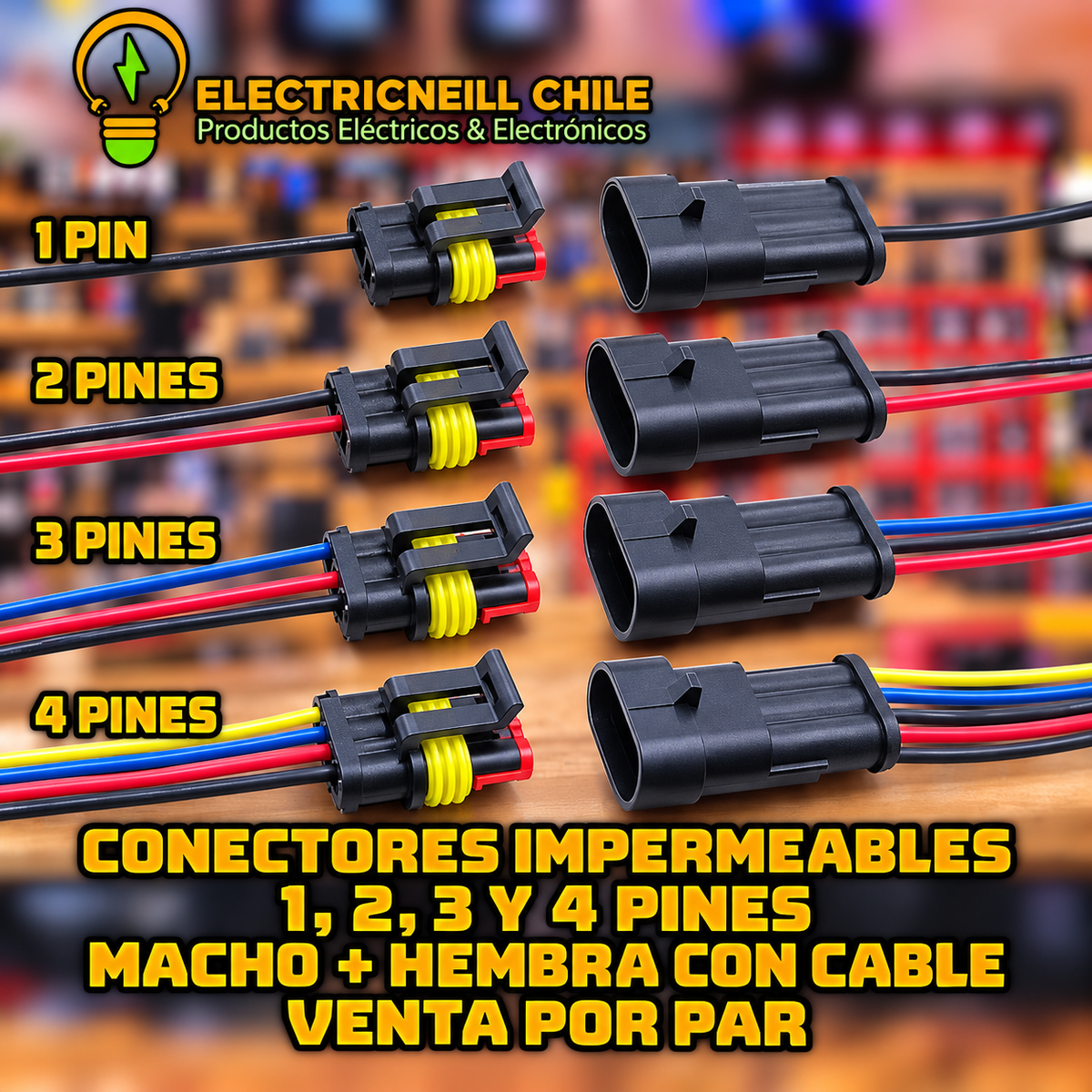 Conector impermeable de 1, 2, 3 o 4 pines macho + hembra con cable — 1 par
