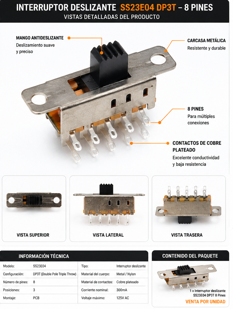 Interruptor Deslizante SS23E04 DP3T 8 Pines 3 Posiciones
