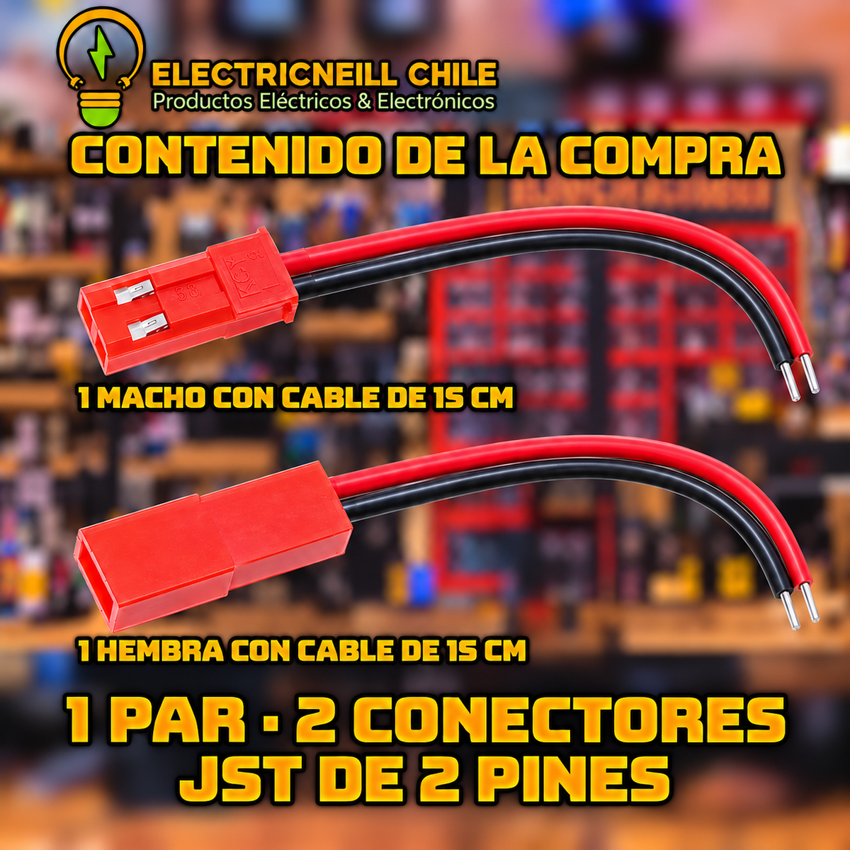 Conector JST rojo de 2 pines macho + hembra, cable 15 cm + 15 cm — 1 par