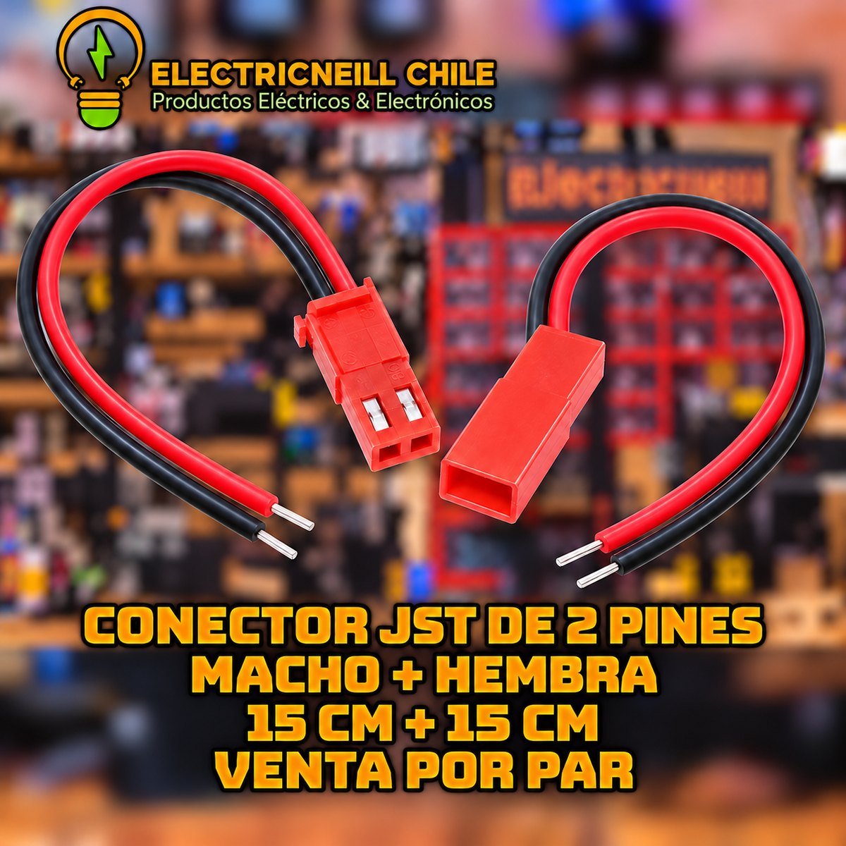 Conector JST rojo de 2 pines macho + hembra, cable 15 cm + 15 cm — 1 par