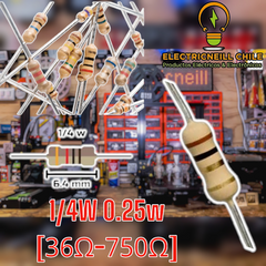 Resistencia 1/4W de película de carbono – valores de 36 Ω a 750 Ω