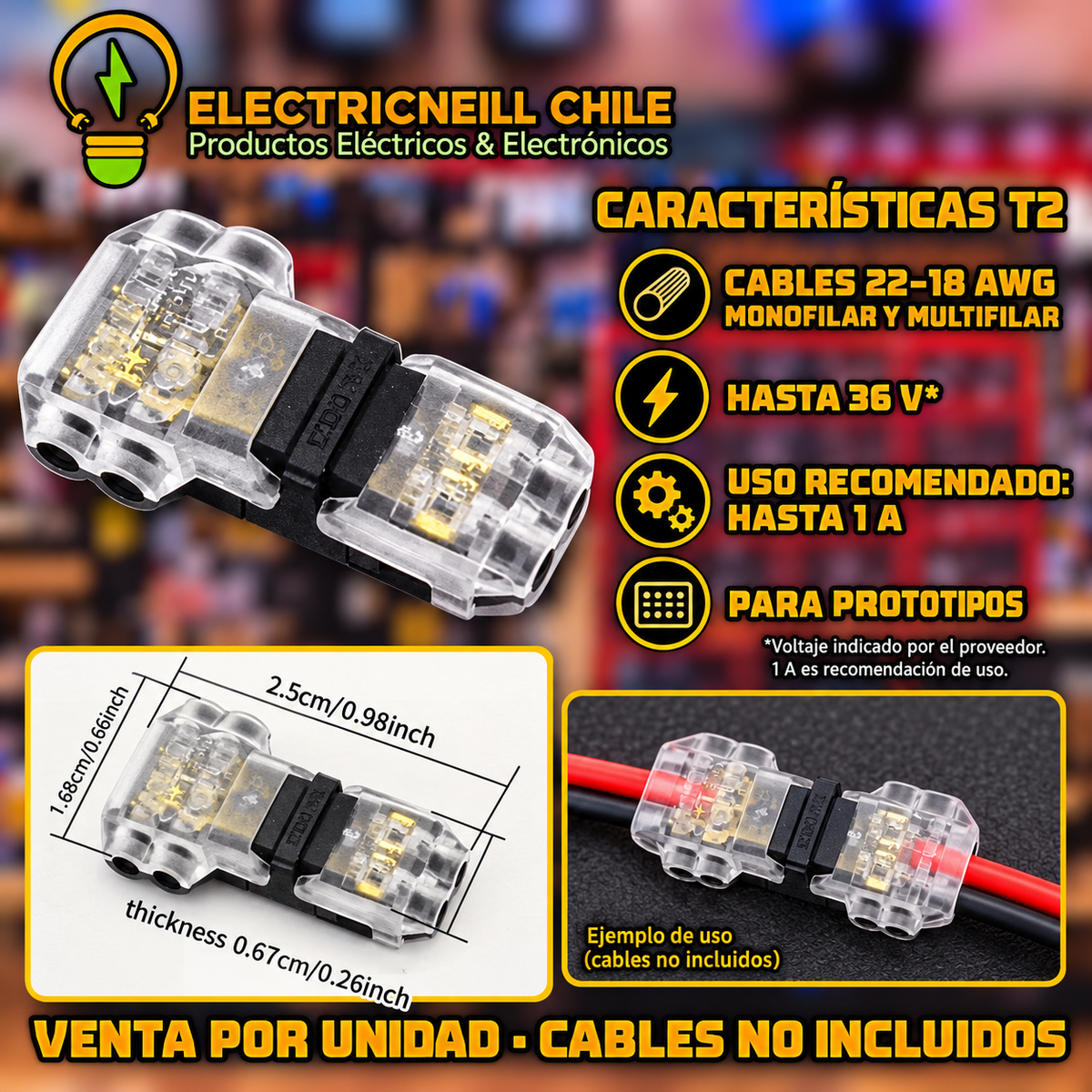 Conector rápido T2 de derivación, sin soldar ni pelar cables, 22–18 AWG