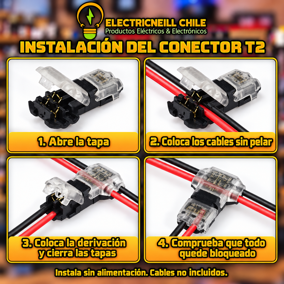 Conector rápido T2 de derivación, sin soldar ni pelar cables, 22–18 AWG